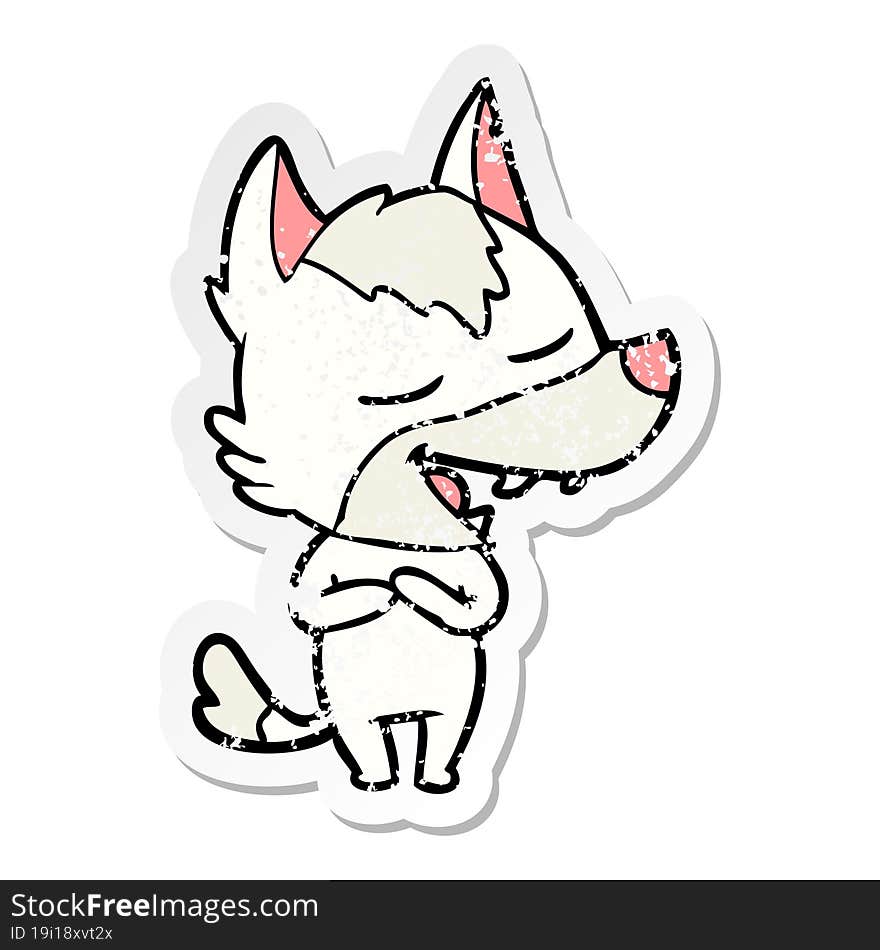 distressed sticker of a cartoon wolf laughing