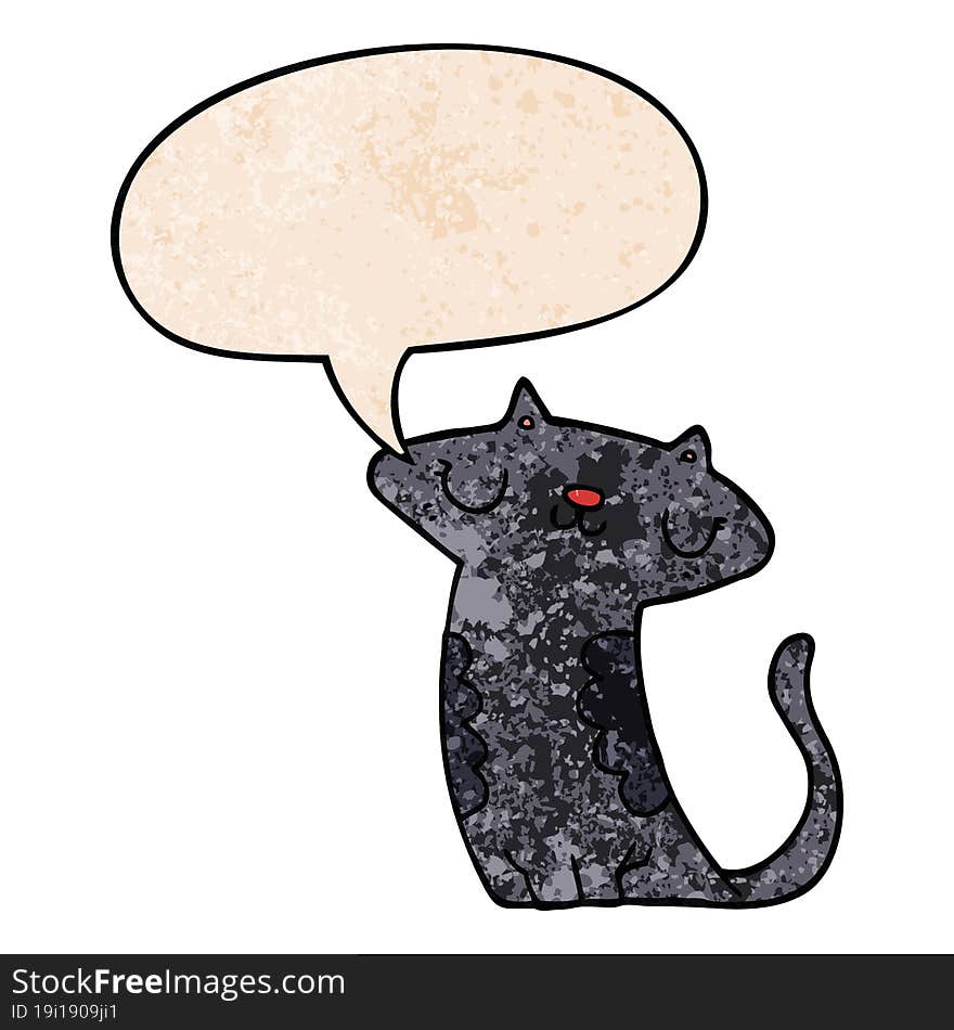 cartoon cat and speech bubble in retro texture style