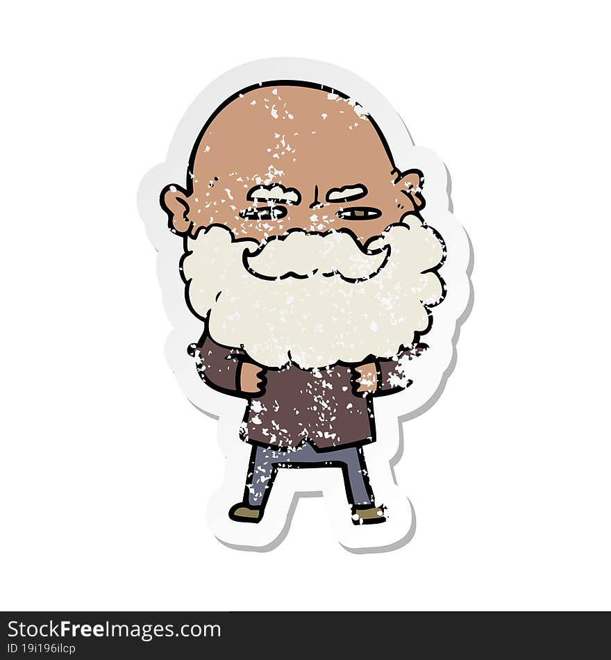 Distressed Sticker Of A Cartoon Man With Beard Frowning