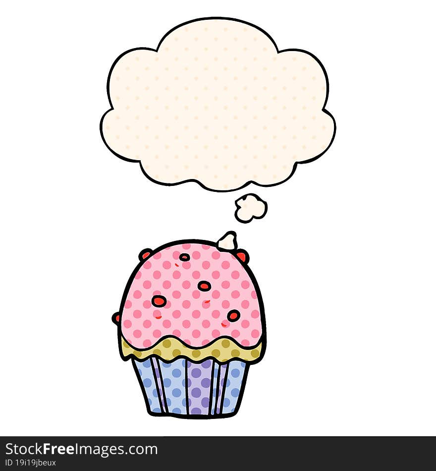 cartoon cupcake with thought bubble in comic book style