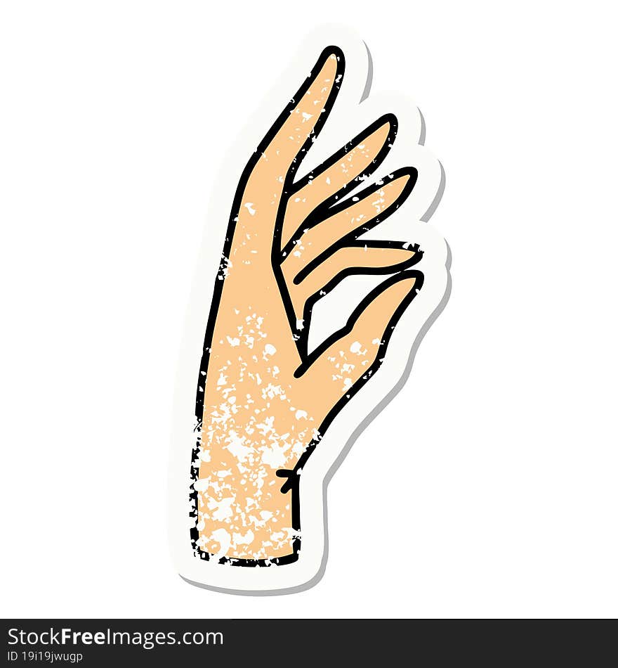 traditional distressed sticker tattoo of a hand