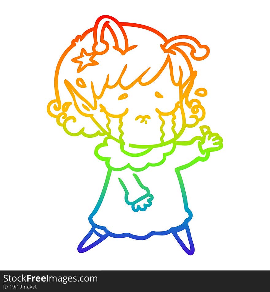 rainbow gradient line drawing cartoon crying alien girl