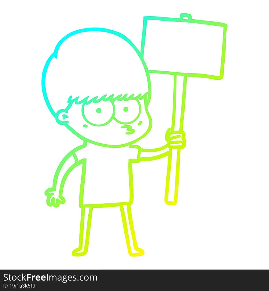 cold gradient line drawing of a nervous cartoon boy holding placard