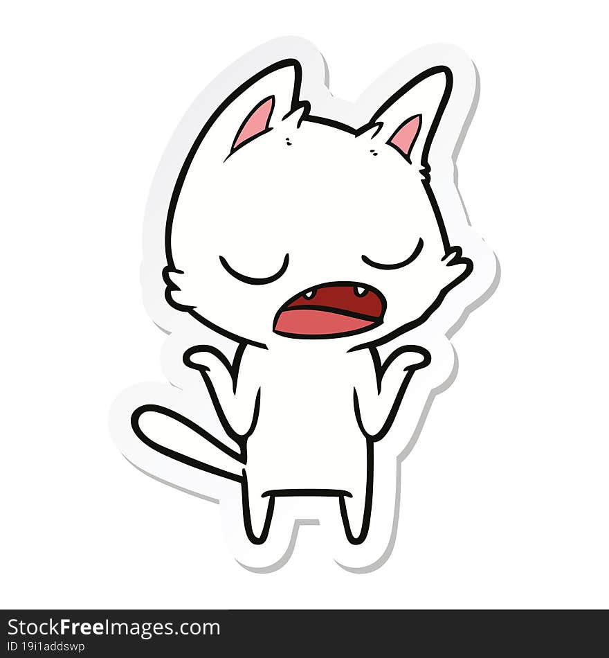 sticker of a talking cat shrugging shoulders