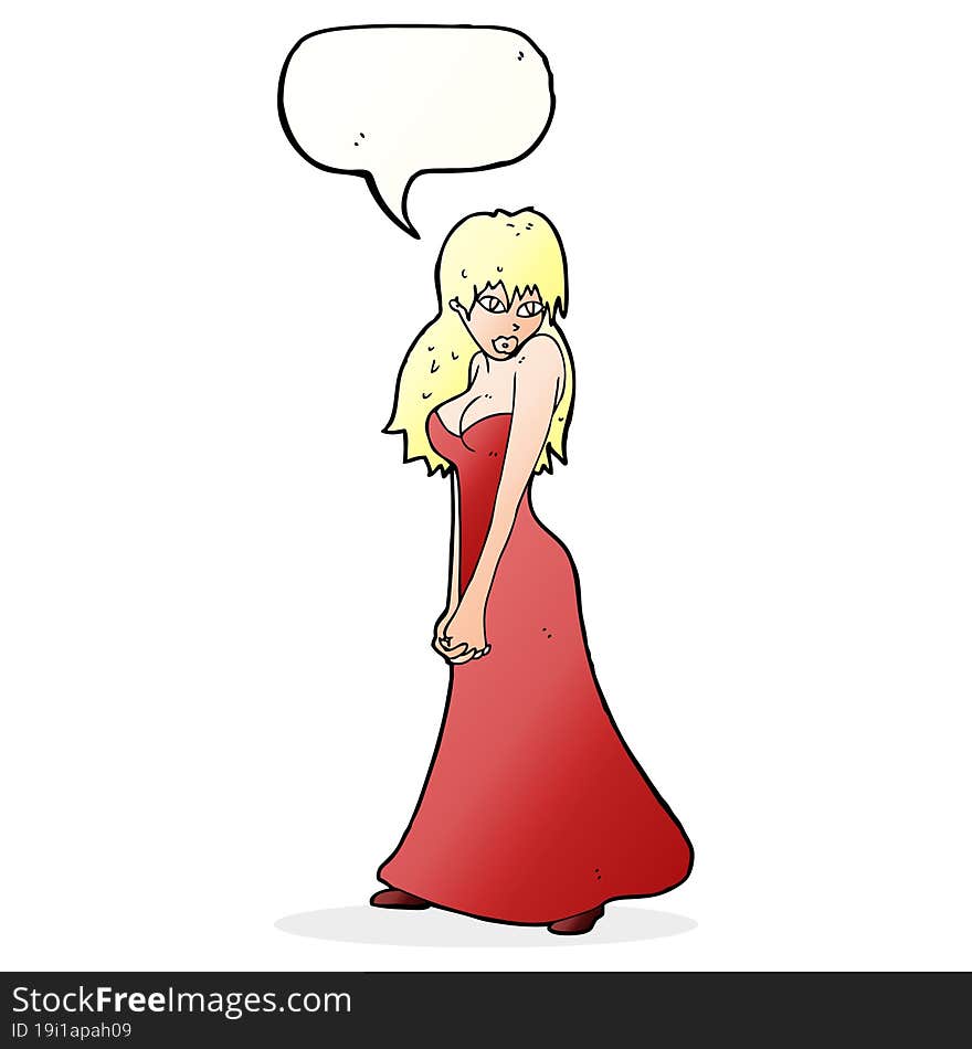 cartoon pretty woman in dress with speech bubble