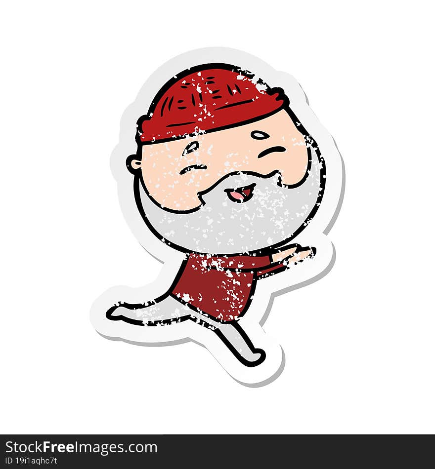 distressed sticker of a cartoon happy bearded man