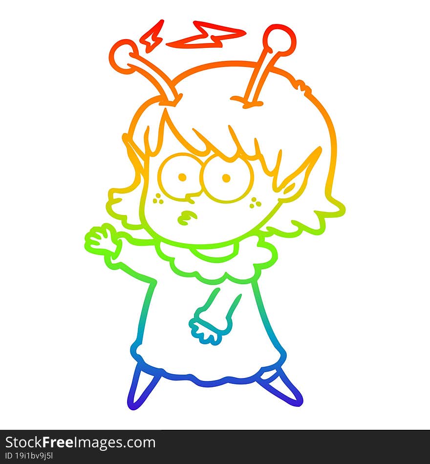 rainbow gradient line drawing of a cartoon alien girl