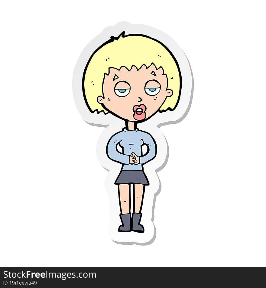 sticker of a cartoon bored woman waiting