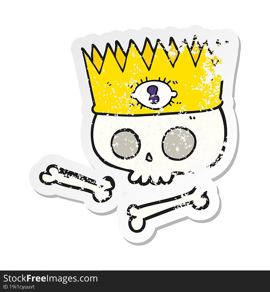 retro distressed sticker of a cartoon magic crown on old skull