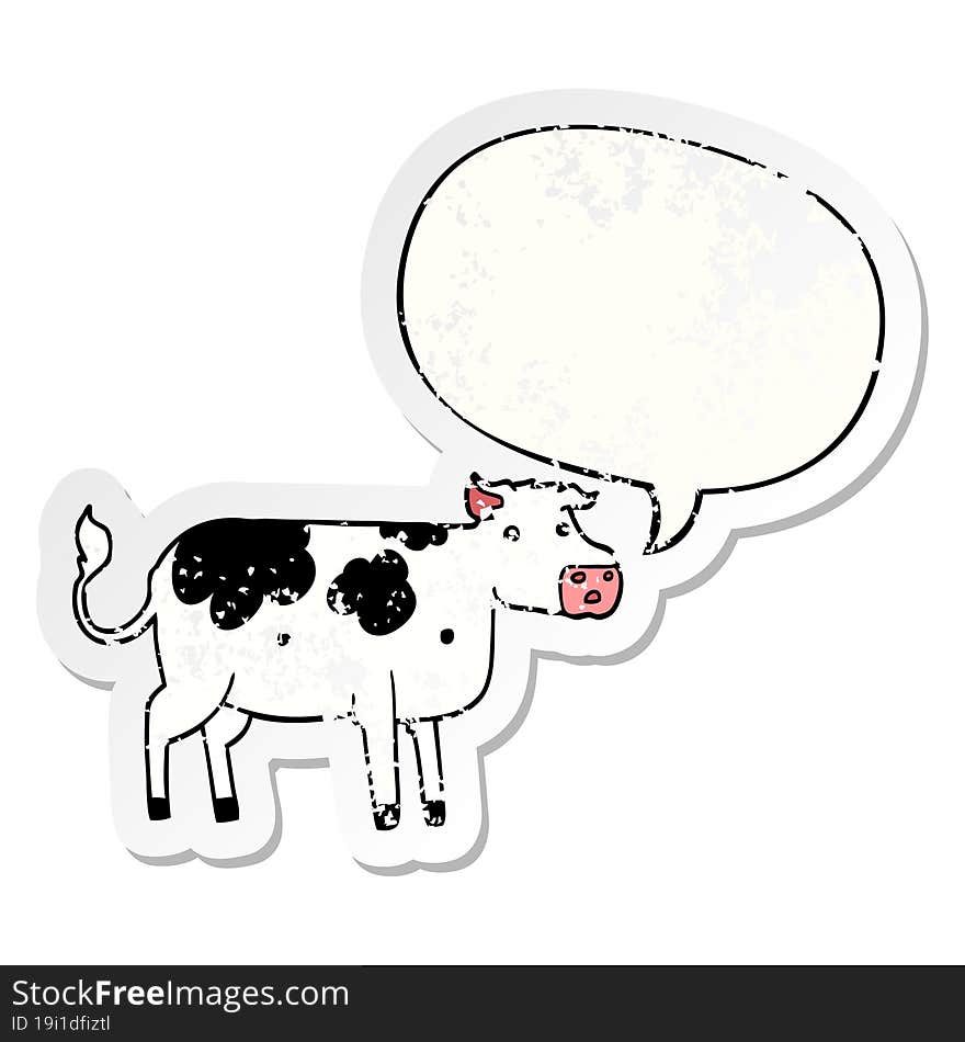 cartoon cow and speech bubble distressed sticker