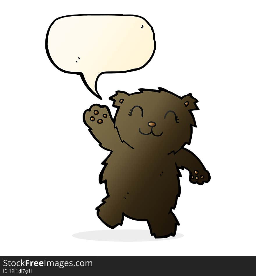 cartoon waving black bear with speech bubble