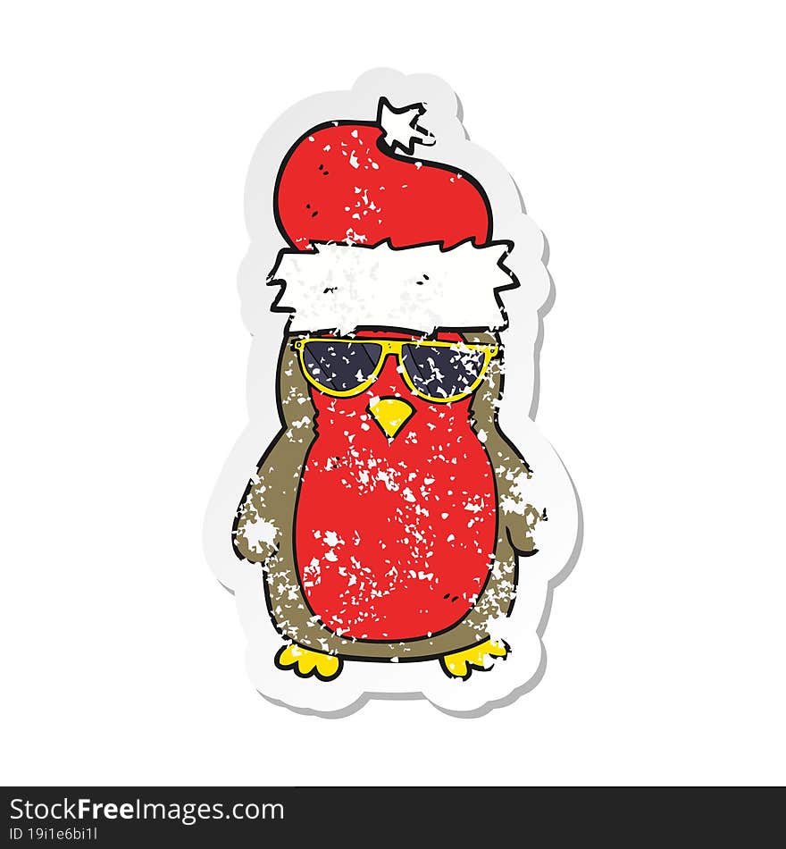 retro distressed sticker of a cartoon cool christmas robin