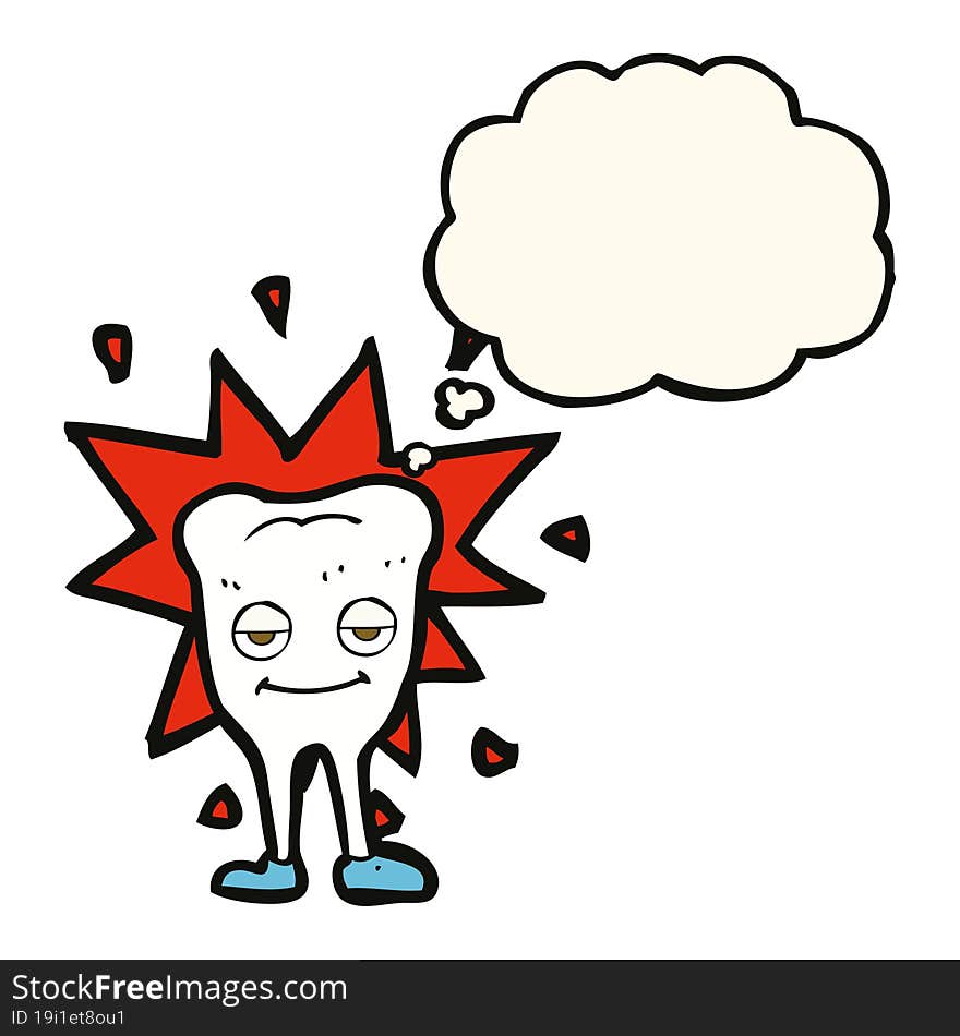 cartoon happy tooth with thought bubble