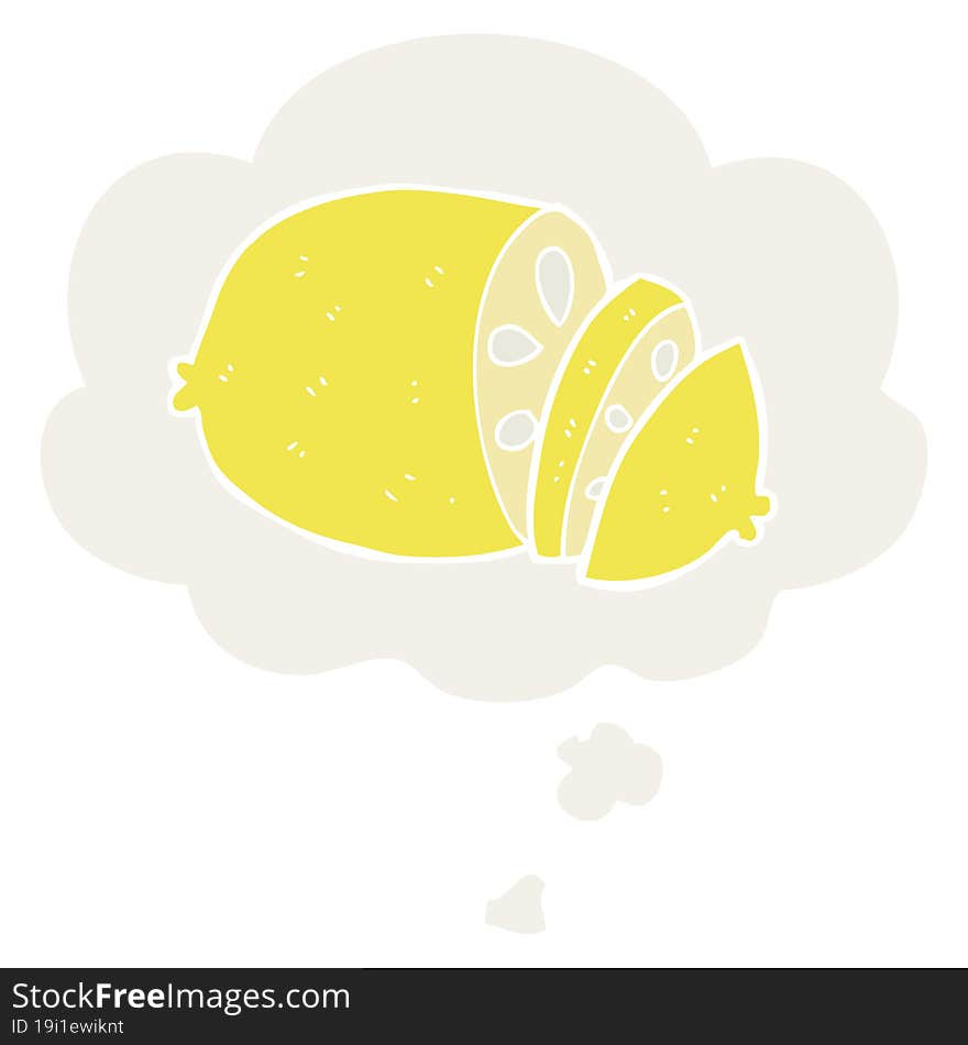 cartoon sliced lemon and thought bubble in retro style