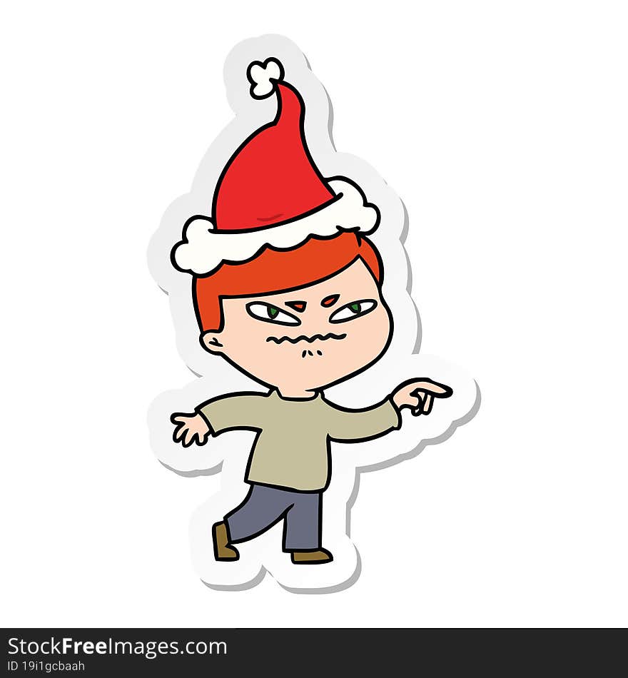 hand drawn sticker cartoon of a angry man pointing wearing santa hat