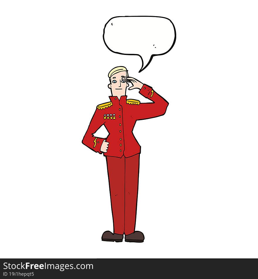 cartoon military man in dress uniform with speech bubble