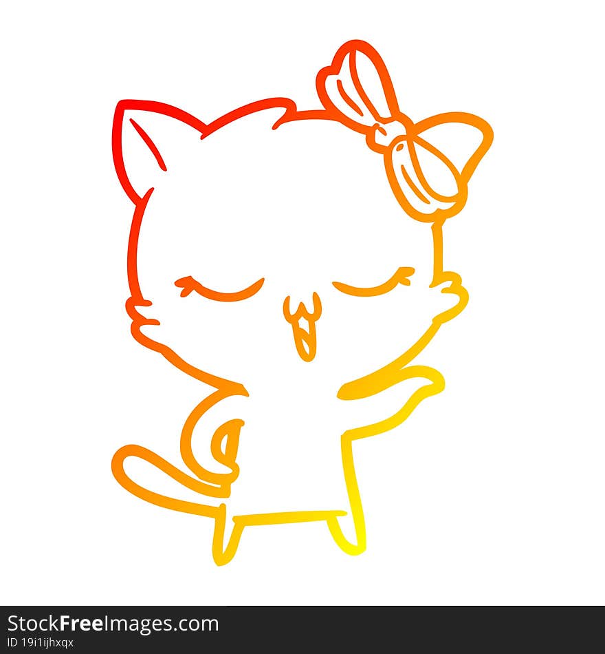 warm gradient line drawing of a cartoon cat with bow on head