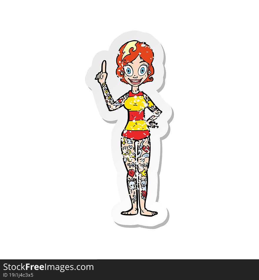 retro distressed sticker of a cartoon woman covered in tattoos