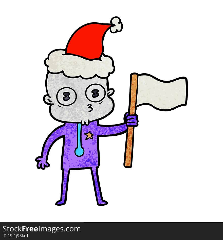 textured cartoon of a weird bald spaceman with flag wearing santa hat