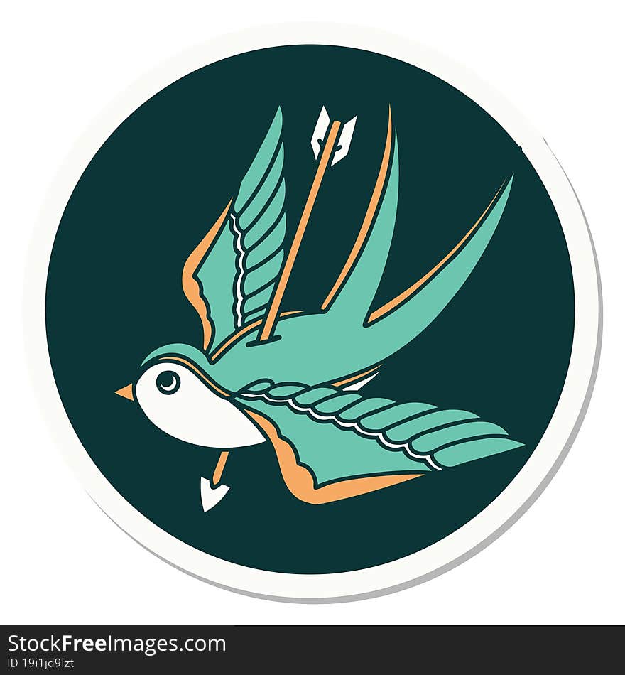 tattoo style sticker of a swallow pieced by arrow