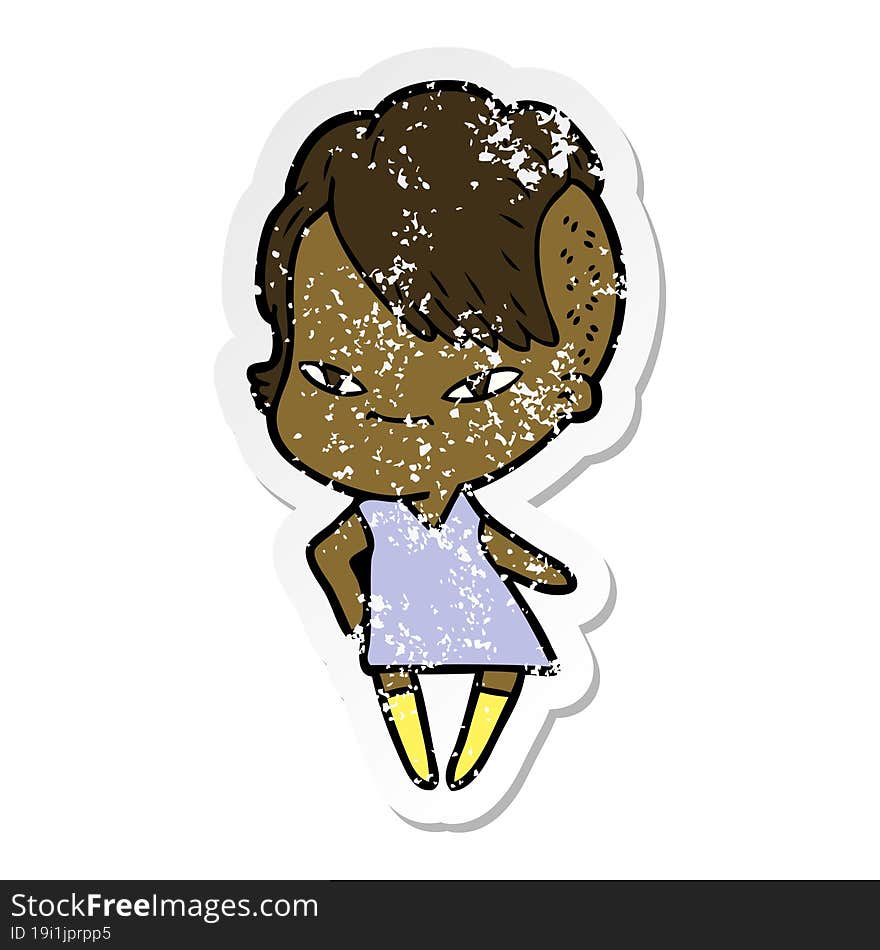 Distressed Sticker Of A Cute Cartoon Girl With Hipster Haircut