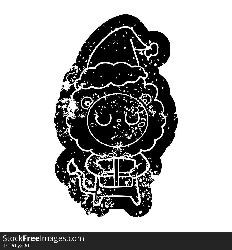 Cartoon Distressed Icon Of A Lion With Christmas Present Wearing Santa Hat