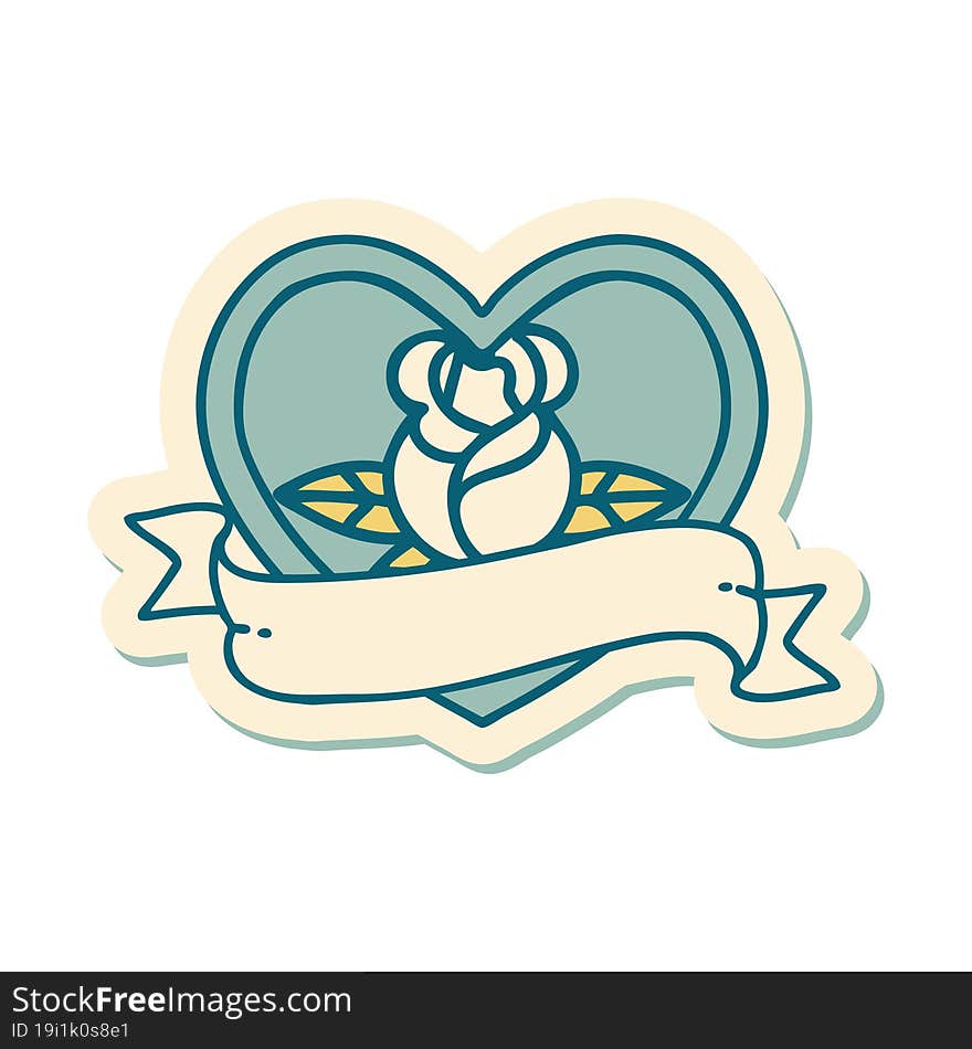 sticker of tattoo in traditional style of a heart rose and banner. sticker of tattoo in traditional style of a heart rose and banner