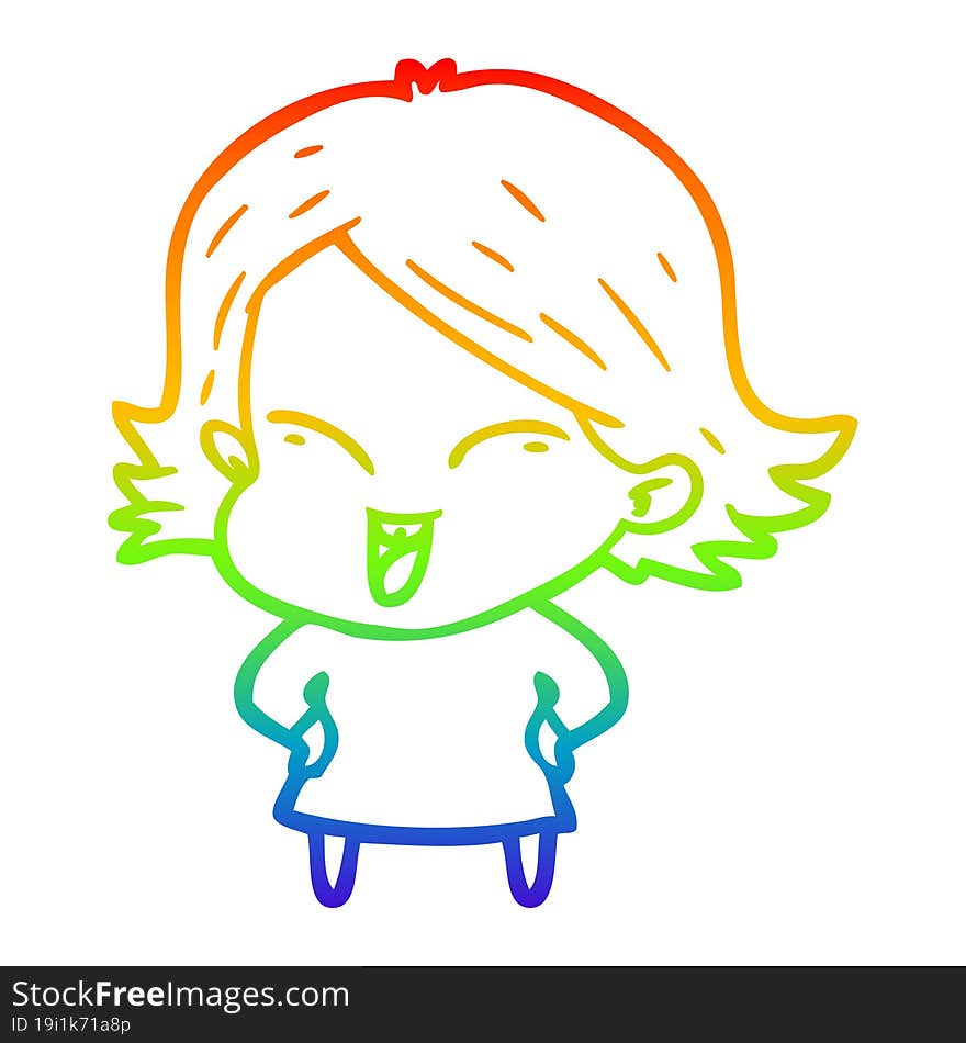 Rainbow Gradient Line Drawing Happy Cartoon Girl