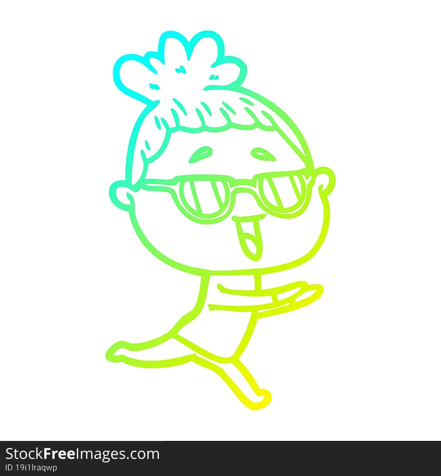 cold gradient line drawing cartoon happy woman wearing spectacles