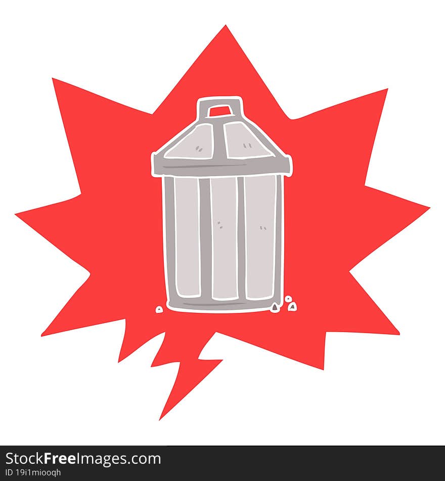 cartoon old metal garbage can and speech bubble in retro style