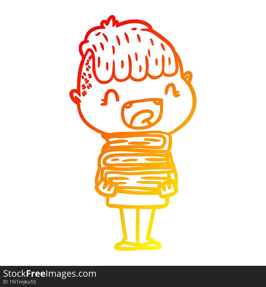 warm gradient line drawing cartoon happy boy with new books