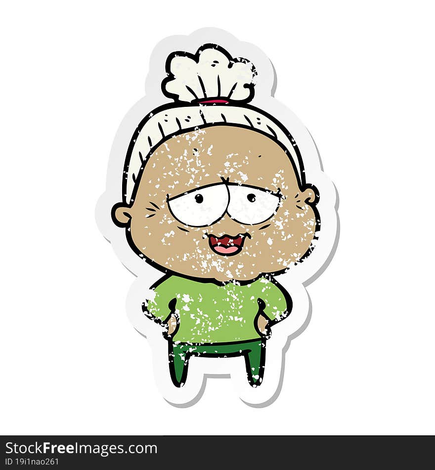 Distressed Sticker Of A Cartoon Happy Old Lady