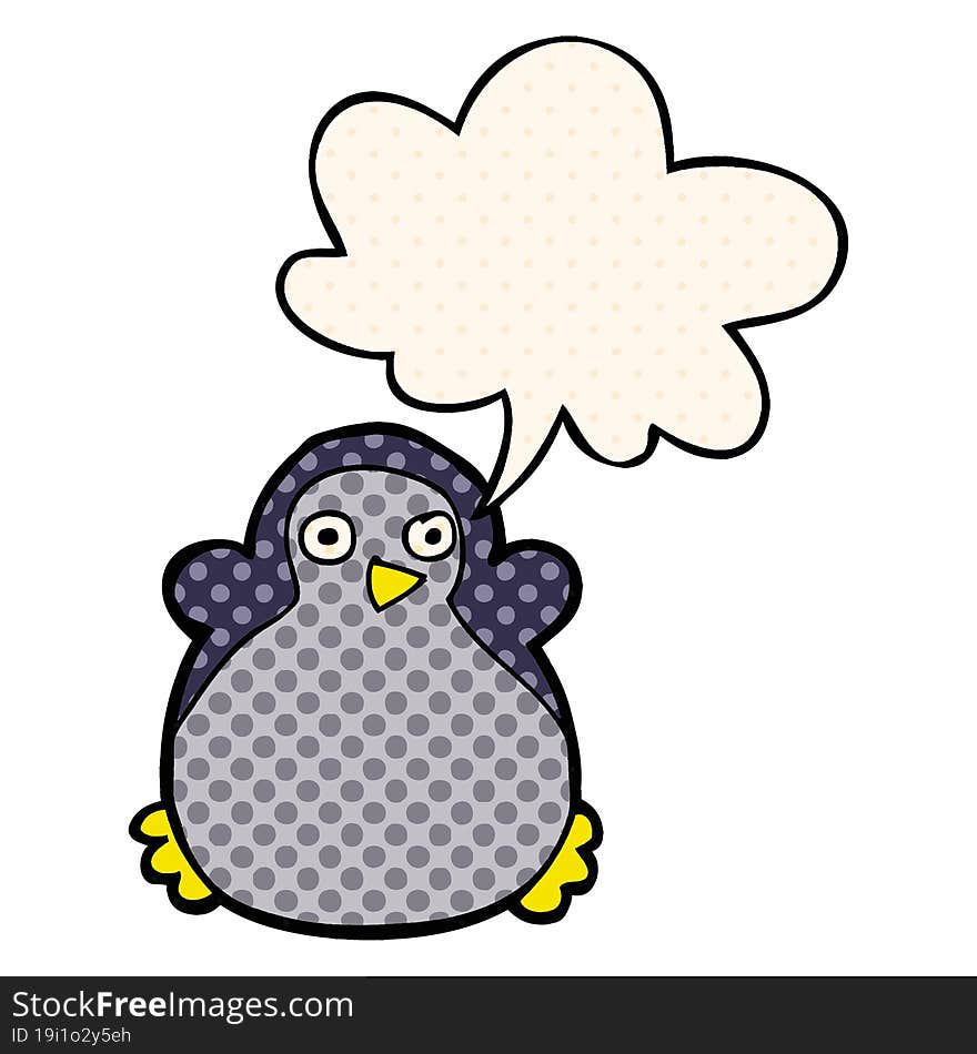 cartoon penguin and speech bubble in comic book style