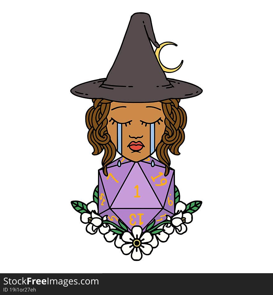 crying human witch with natural one D20 dice roll illustration