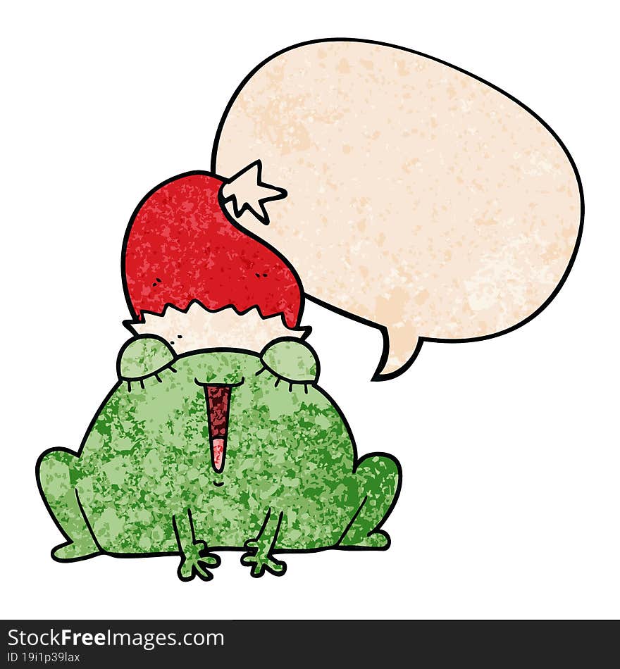 cute cartoon christmas frog and speech bubble in retro texture style