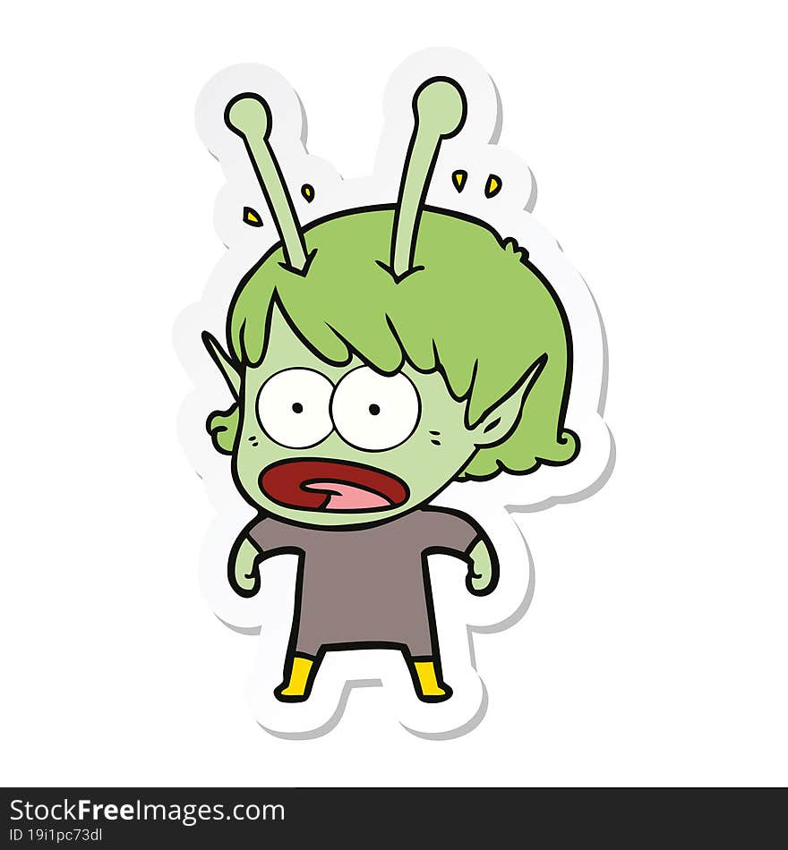 sticker of a cartoon shocked alien girl