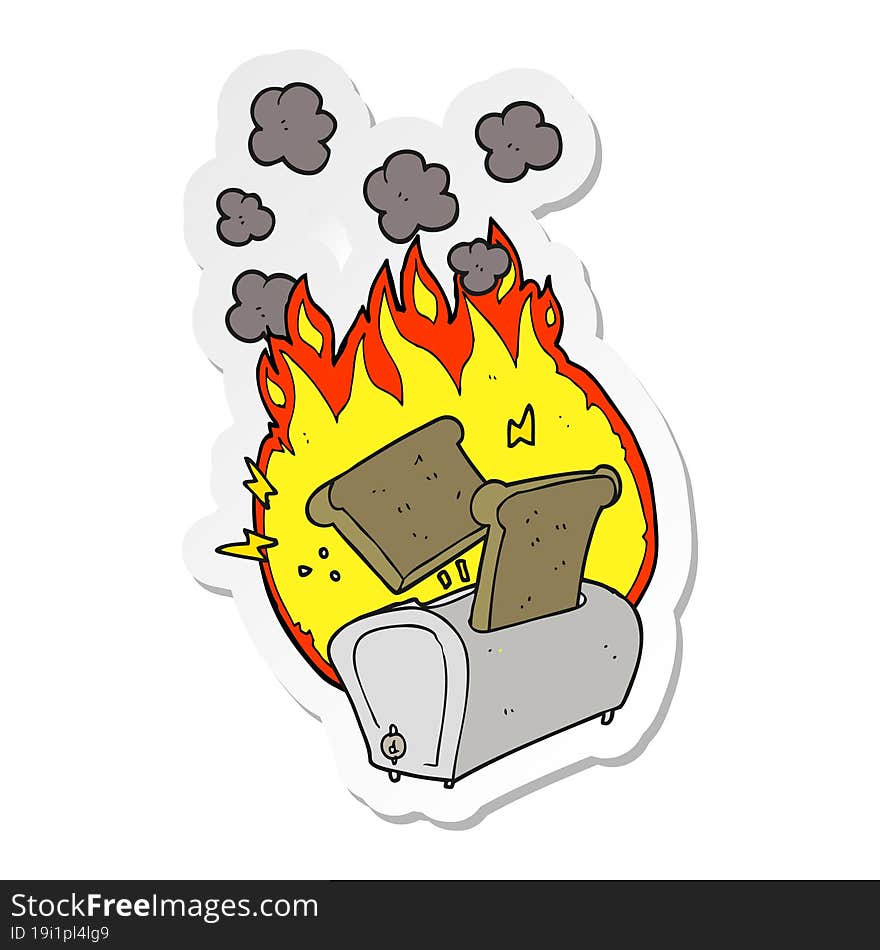 sticker of a cartoon burning toaster