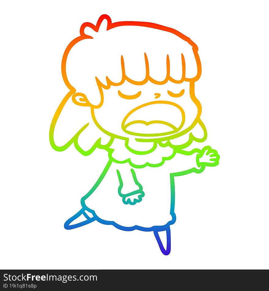 rainbow gradient line drawing of a cartoon woman talking loudly