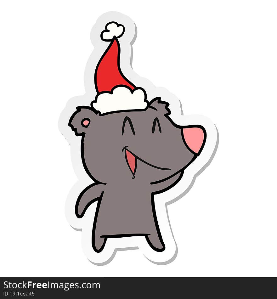 laughing bear hand drawn sticker cartoon of a wearing santa hat. laughing bear hand drawn sticker cartoon of a wearing santa hat