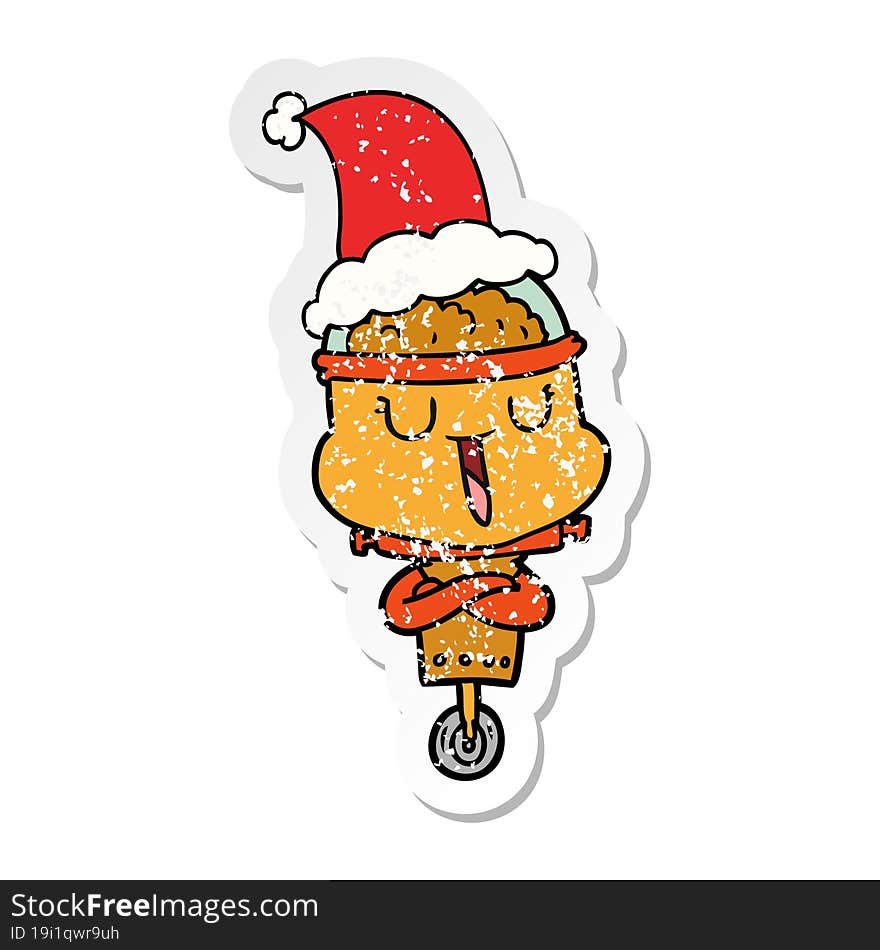 happy hand drawn distressed sticker cartoon of a robot wearing santa hat. happy hand drawn distressed sticker cartoon of a robot wearing santa hat