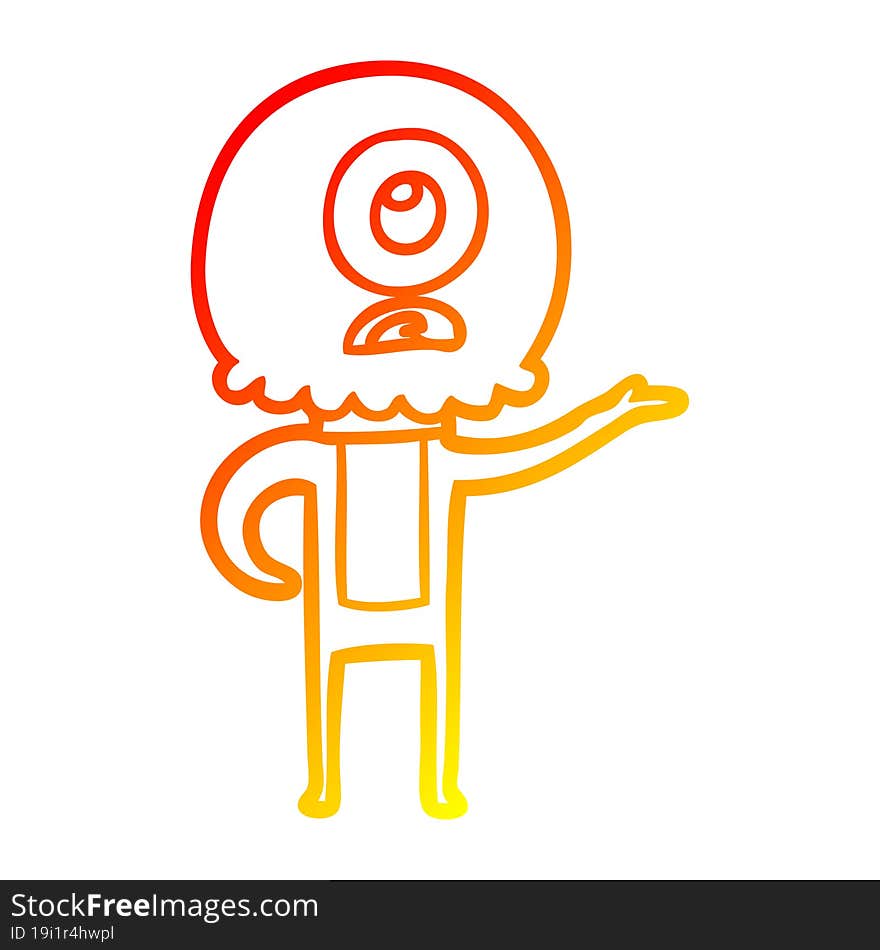 warm gradient line drawing of a cartoon cyclops alien spaceman explaining