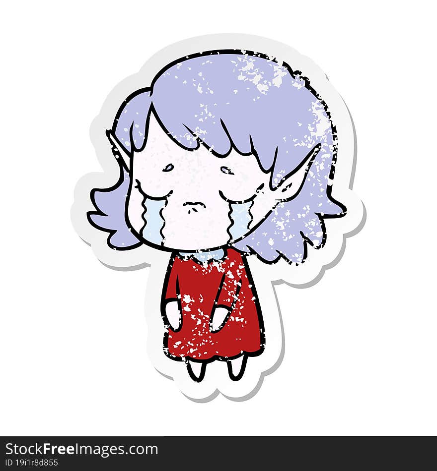 distressed sticker of a crying cartoon elf girl