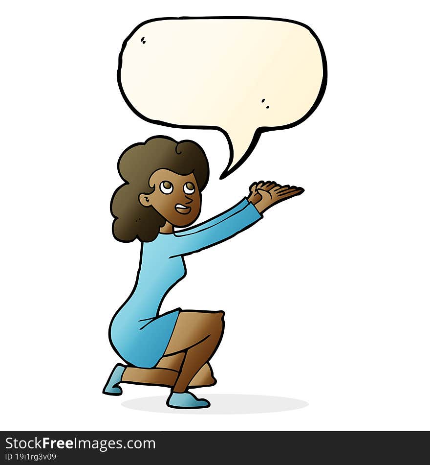 cartoon woman presentation gesture with speech bubble