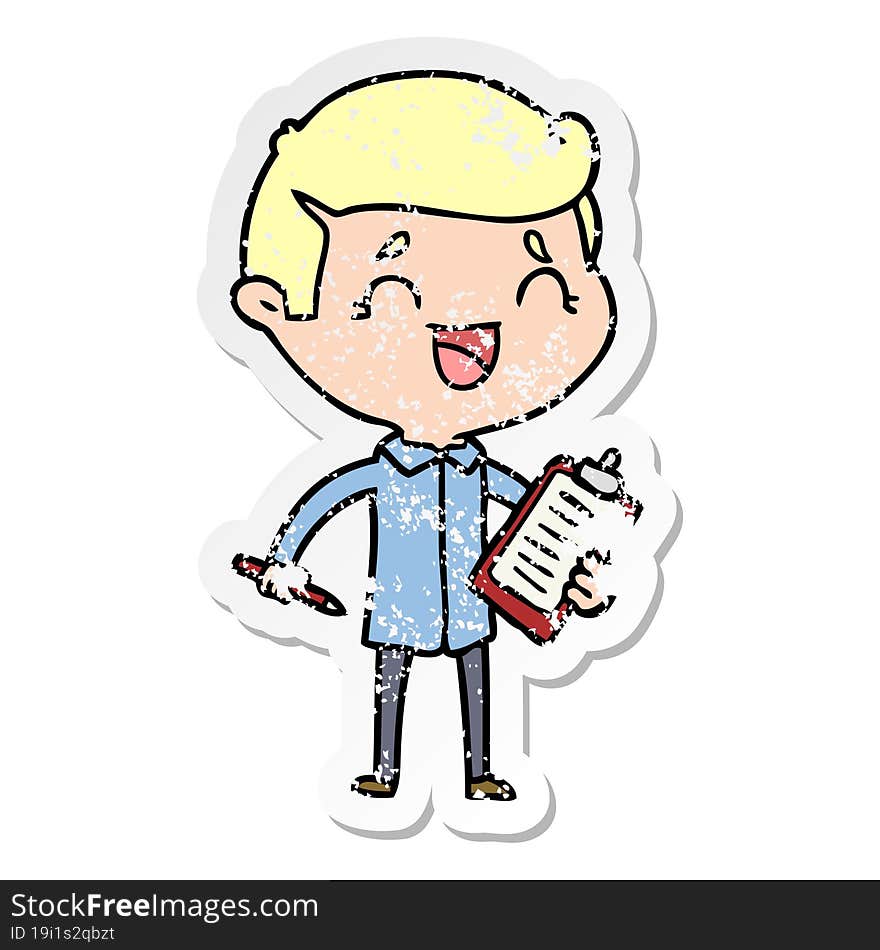 Distressed Sticker Of A Cartoon Laughing Man With Clip Board