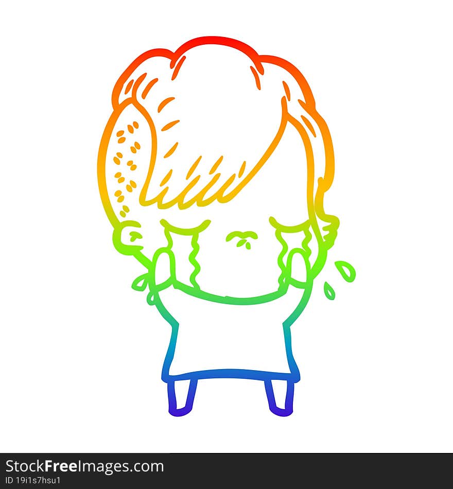 rainbow gradient line drawing of a cartoon crying girl