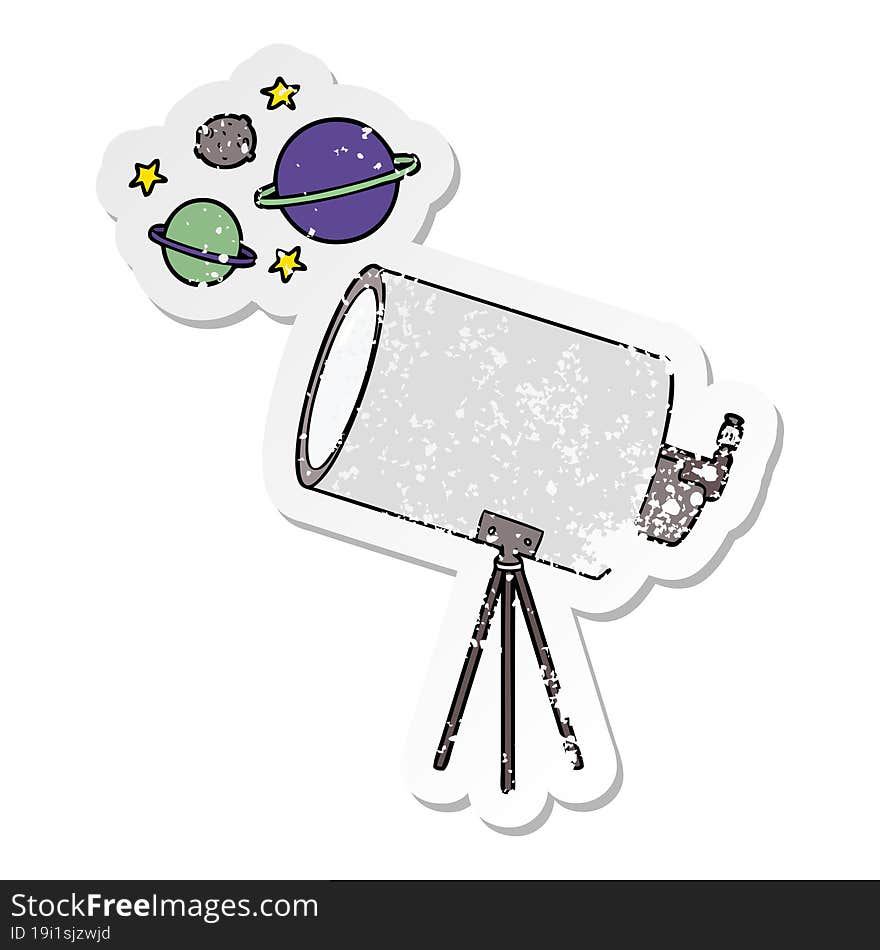 Distressed Sticker Of A Cartoon Telescope Looking At Planets