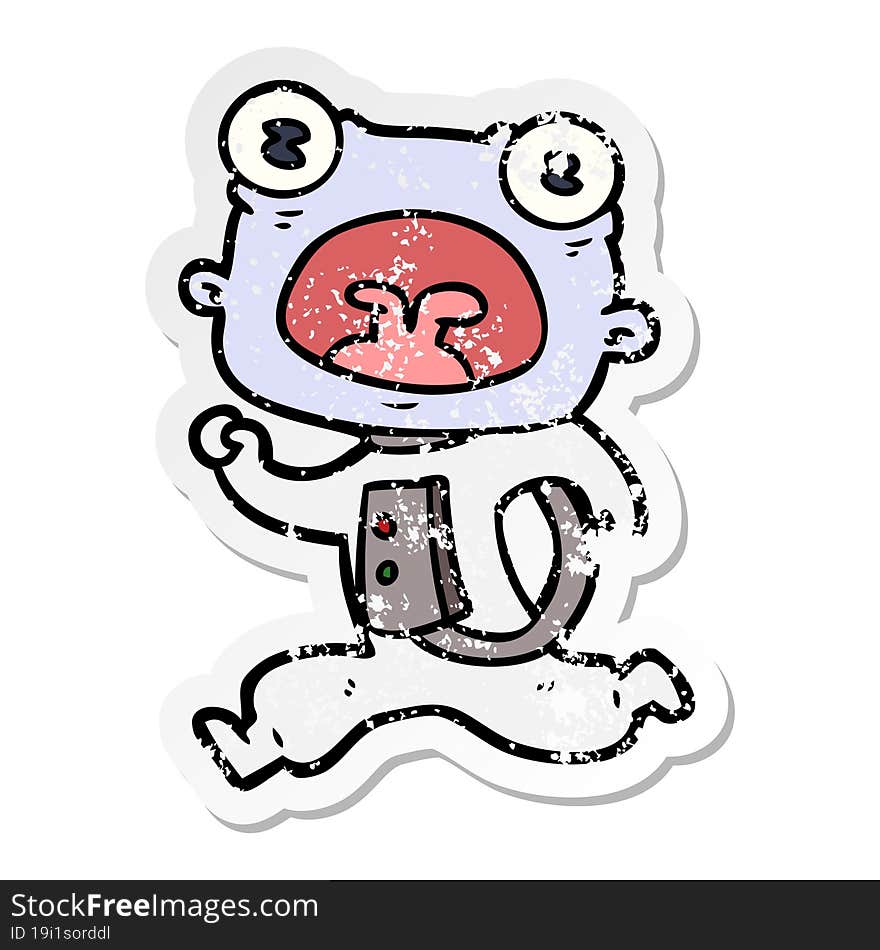 distressed sticker of a cartoon weird alien running away