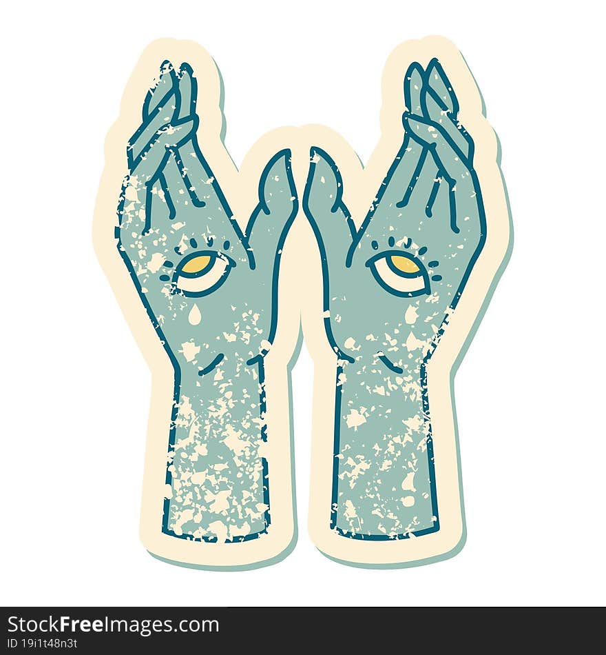 Distressed Sticker Tattoo Style Icon Of Mystic Hands