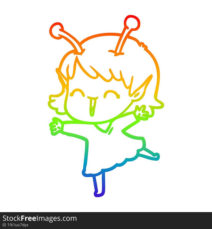 rainbow gradient line drawing of a cartoon alien girl laughing