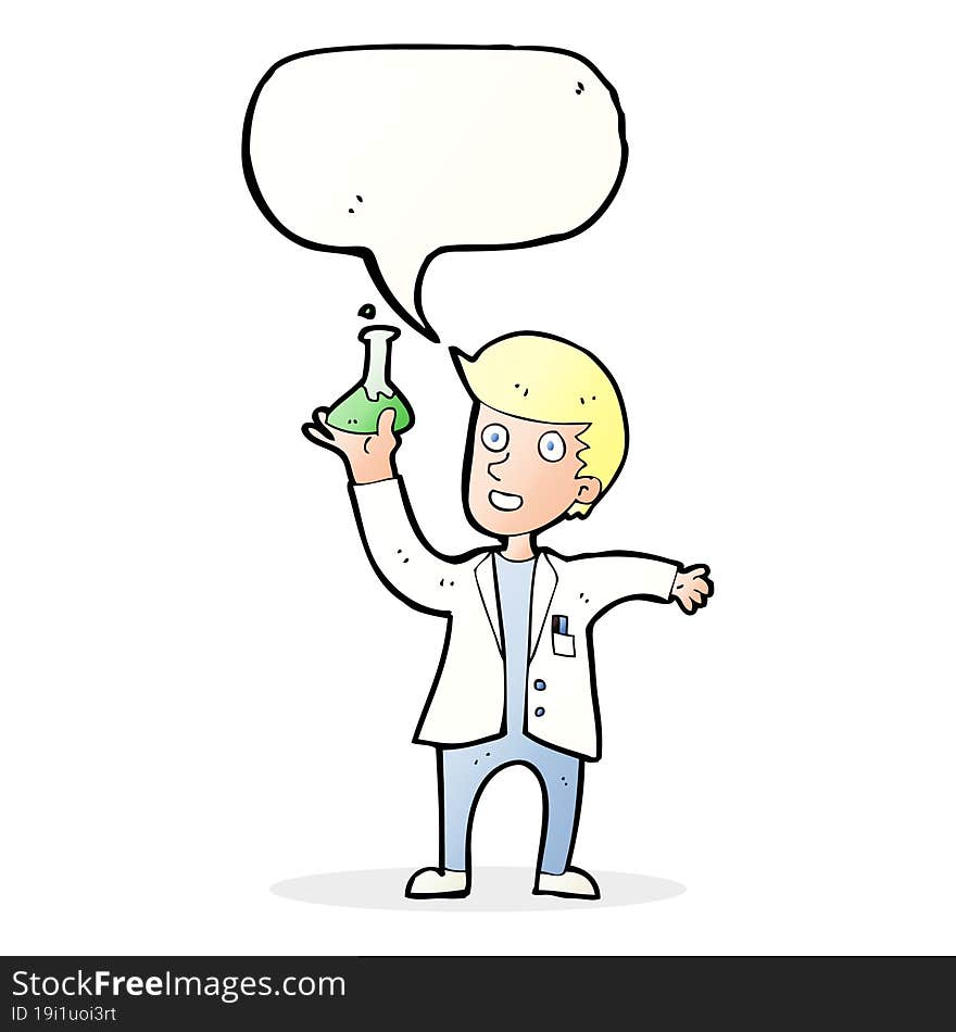 cartoon happy scientist with speech bubble